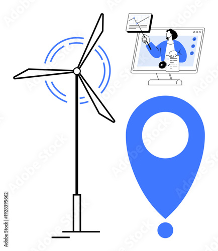 Renewable energy concept. Wind turbine clean energy, geolocation marker indicates global initiatives, and digital communication s virtual collaboration. For sustainability, green tech, education