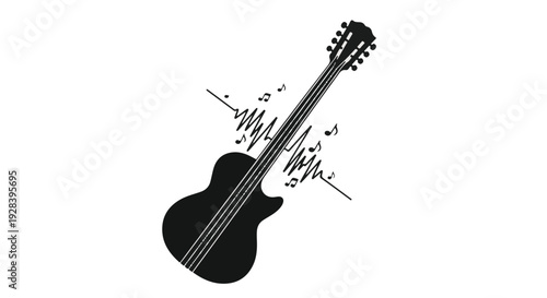 black acoustic guitar with musical notes illustration