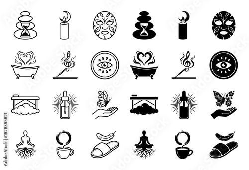 Modern wellness and holistic spa icon set featuring hybrid symbols like meditation roots and zen tea steam for spiritual health and relaxation
