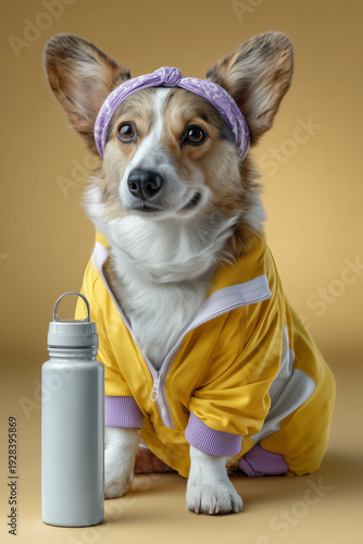 Funny studio portrait of a dog wearing a sport-suit and a band. 