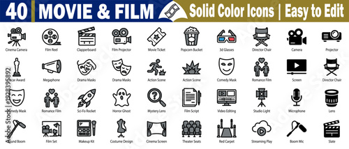 Movie and film solid color icons. Easy to edit set. Including a cinema camera film reel, clapperboard, and projector vector illustration.