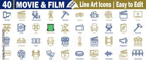 Movie and film icons set. Including production and cinema industry elements. Easy to edit vector graphics for entertainment business and creative projects, illustration.