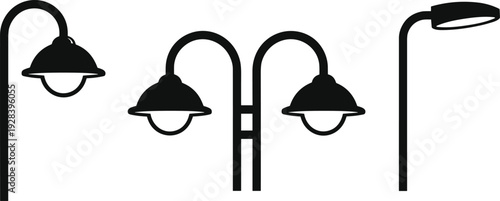 Street light lamp post silhouette collection with outdoor urban lighting fixtures modern city illumination infrastructure vector illustration set