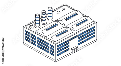 Isometric Industrial Factory Building with Smokestacks and Solar Panels.