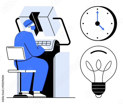 Productivity, innovation, work efficiency, time management, engineering, creative solutions. Worker operating machinery. Productivity and innovation concepts illustrated through time and ideas