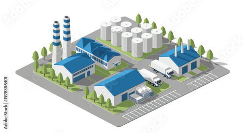 Isometric Industrial Factory Complex with Storage Tanks and Smokestacks.