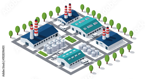 Isometric Industrial Park with Factories and Warehouses.