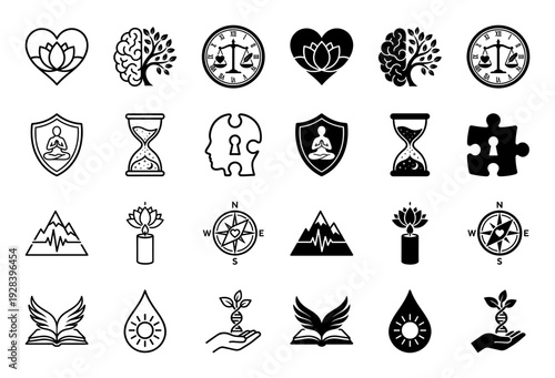 Mindfulness and spiritual wellness icons featuring hybrid symbols of lotus heart brain tree hourglass and balance scale for holistic growth