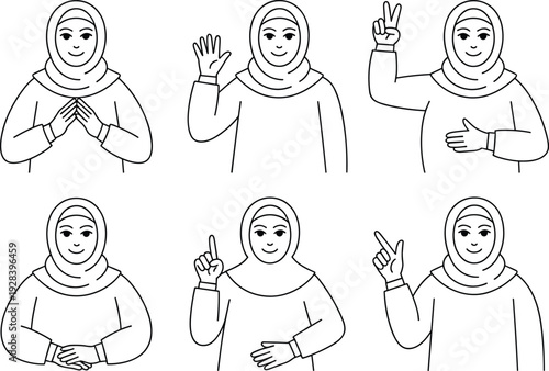 Wallpaper Mural Muslim Woman Gestures Set of 6 Vector Illustrations Black and White Line Art Torontodigital.ca