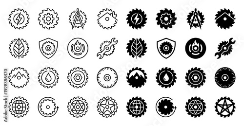 Professional saw blade icon set featuring hybrid symbols for industry construction woodworking and nature integration in outline and solid styles