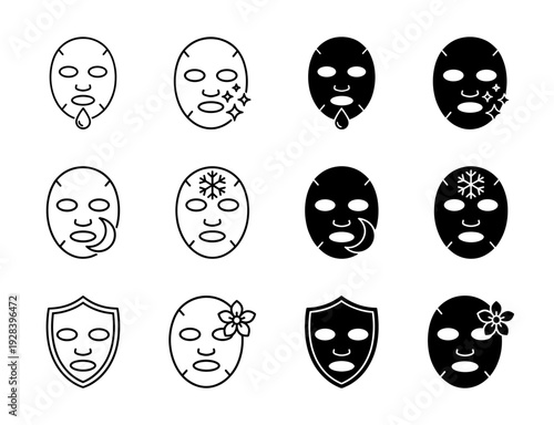Skincare sheet mask icons featuring hybrid symbols for moisturizing cooling anti-aging and sun protection in outline and solid glyph styles