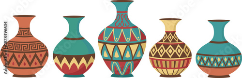 Ancient Greek and Roman Style Pottery Vase Vector Set with Ethnic Geometric Patterns for Interior Design Graphics, Archaeological Illustrations, and Museum Educational Materials