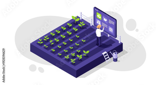 Isometric Smart Farm with Farmer Monitoring Crops on Digital Screen.