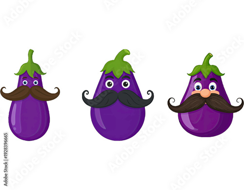 Three cartoon eggplants with mustaches and faces on a white background.