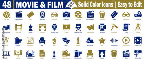 Movie and film solid color icons. Easy to edit. Including film reel, clapperboard ticket, and projector vector illustration.