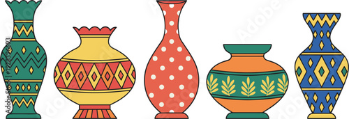 Collection of Decorative Ceramic Vases with Colorful Geometric Patterns and Floral Ornaments for Interior Home Decor, Pottery Art, and Lifestyle Graphic Designs