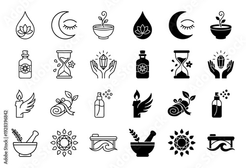 Collection of holistic wellness and spiritual healing icons featuring hybrid concepts like moon eyes crystal hands and herbal elixir bottles in dual line and solid styles