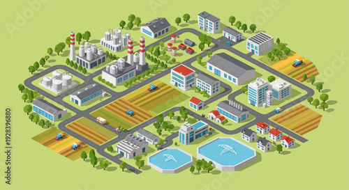 Isometric view of a modern industrial and agricultural complex with infrastructure.