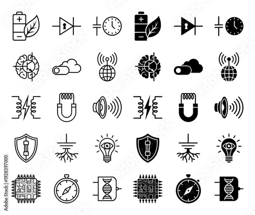 Hybrid electronic component icons merging circuit symbols with organic and biological metaphors in both thin line and solid glyph graphic styles