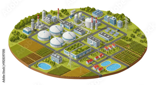 Isometric view of a modern industrial complex with factories and storage tanks.