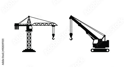 Two construction cranes depicted in a stark black silhouette