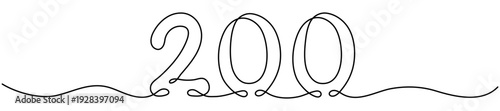 Continuous line drawing number two hundred in single stroke style. Hand drawn mathematical symbol. Vector illustration isolated on white.