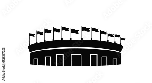 A black silhouette of a stadium with waving flags a stark contrast silhouette