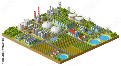 Isometric View of a Sustainable Industrial and Agricultural Complex.