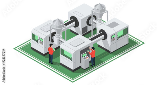 Isometric view of an industrial manufacturing facility with workers operating machinery.