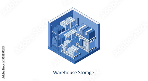 Isometric Warehouse Storage Unit with Boxes and Shelves.