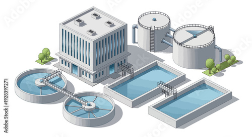 Isometric Water Treatment Plant Illustration.