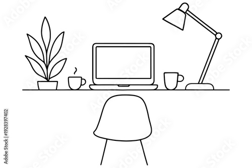 Artistic Continuous Line Desk Illustration – Laptop, Lamp, and Plant Vector