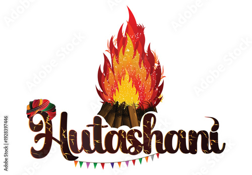 Photos Hutashani typography with bonfire and traditional Gujarati turban for Holi festival vector illustration