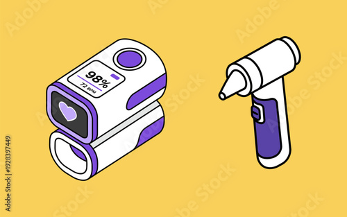 A digital pulse oximeter showing 98% oxygen saturation and 72 bpm alongside an otoscope on a plain yellow backdrop