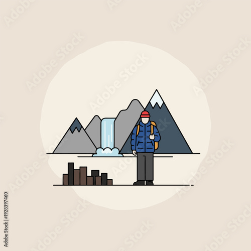 A lone traveler with a backpack and winter hat observes a majestic waterfall cascading down rugged mountains in a stylized landscape