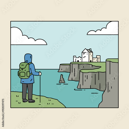 Hiker with backpack and poles observes a castle on a cliff overlooking the sea
