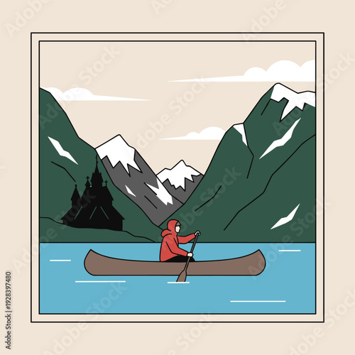 A lone adventurer enjoys a peaceful canoe trip surrounded by majestic natural scenery and a striking architectural landmark