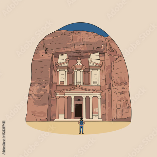 Illustration of the Treasury in Petra, Jordan, with a lone traveler admiring its facade