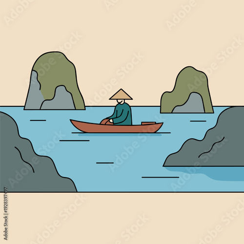 Person in a conical hat rows a boat through a serene bay with limestone karsts
