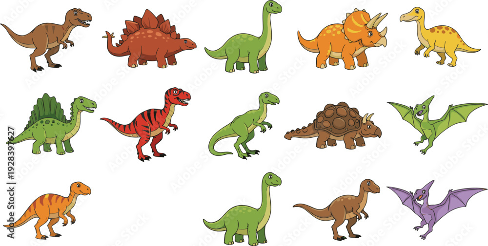 Obraz premium Colorful Cartoon Dinosaur Vector Character Set Featuring T-Rex, Triceratops, Brachiosaurus, and Pterodactyl for Kids Education, Stickers, Pattern Design, and Childrens Book Illustrations