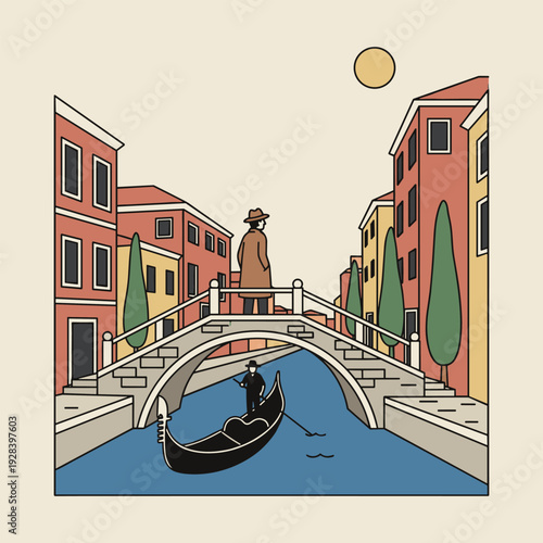 Stylized illustration of a man on a bridge overlooking a gondola in a Venetian canal