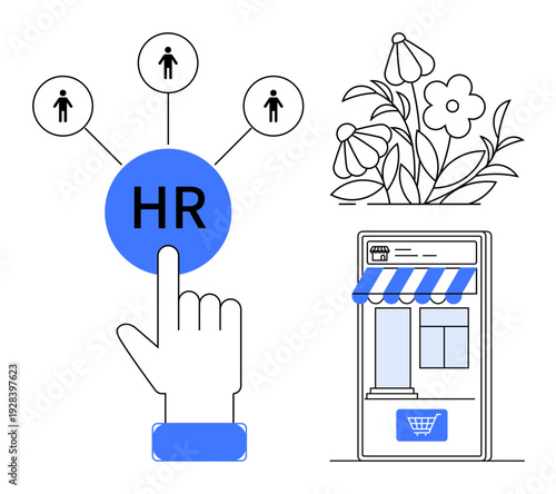 Recruitment, HR services, online shopping, workplace organization, e-commerce platforms, modern business. Hand pointing to HR symbol with icons of people, online store and flowers. Recruitment