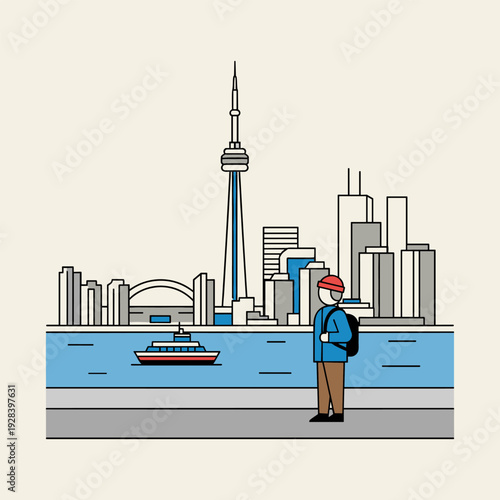 Toronto skyline with CN Tower and a person looking at the cityscape and water