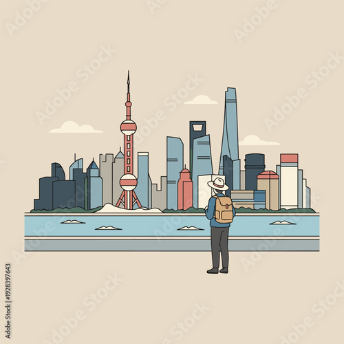 Traveler with backpack admiring Shanghai skyline and Oriental Pearl Tower from across the river