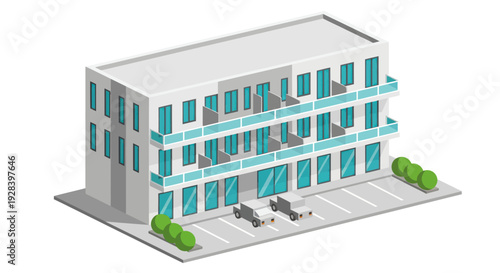 Modern Apartment Building with Balconies and Parking.