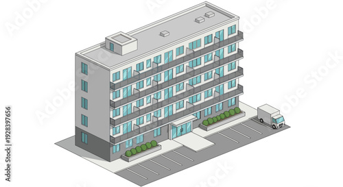 Modern Apartment Building with Balconies and Parking Lot.
