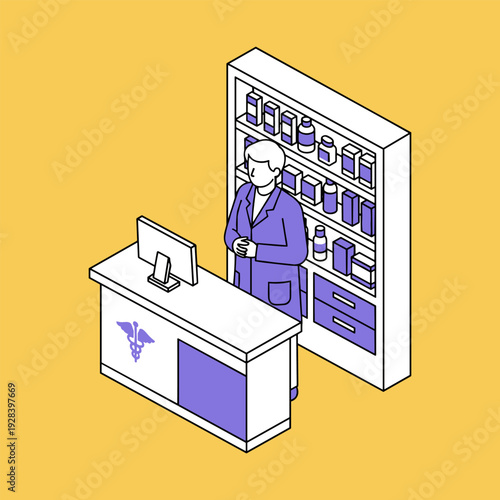 Pharmacist standing behind counter in pharmacy with shelves of medicine and computer