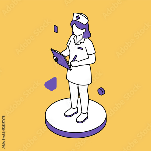 Isometric nurse with clipboard and pen on a podium, abstract shapes, healthcare concept