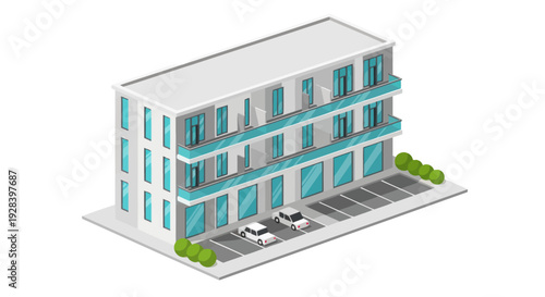 Modern Apartment Building with Parking and Balconies.