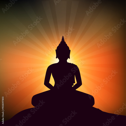 Lord Buddha Silhouette Vector Illustration with Radiant Sunset Glow Background for Buddhist Poya Day Celebrations and Meditation Themes